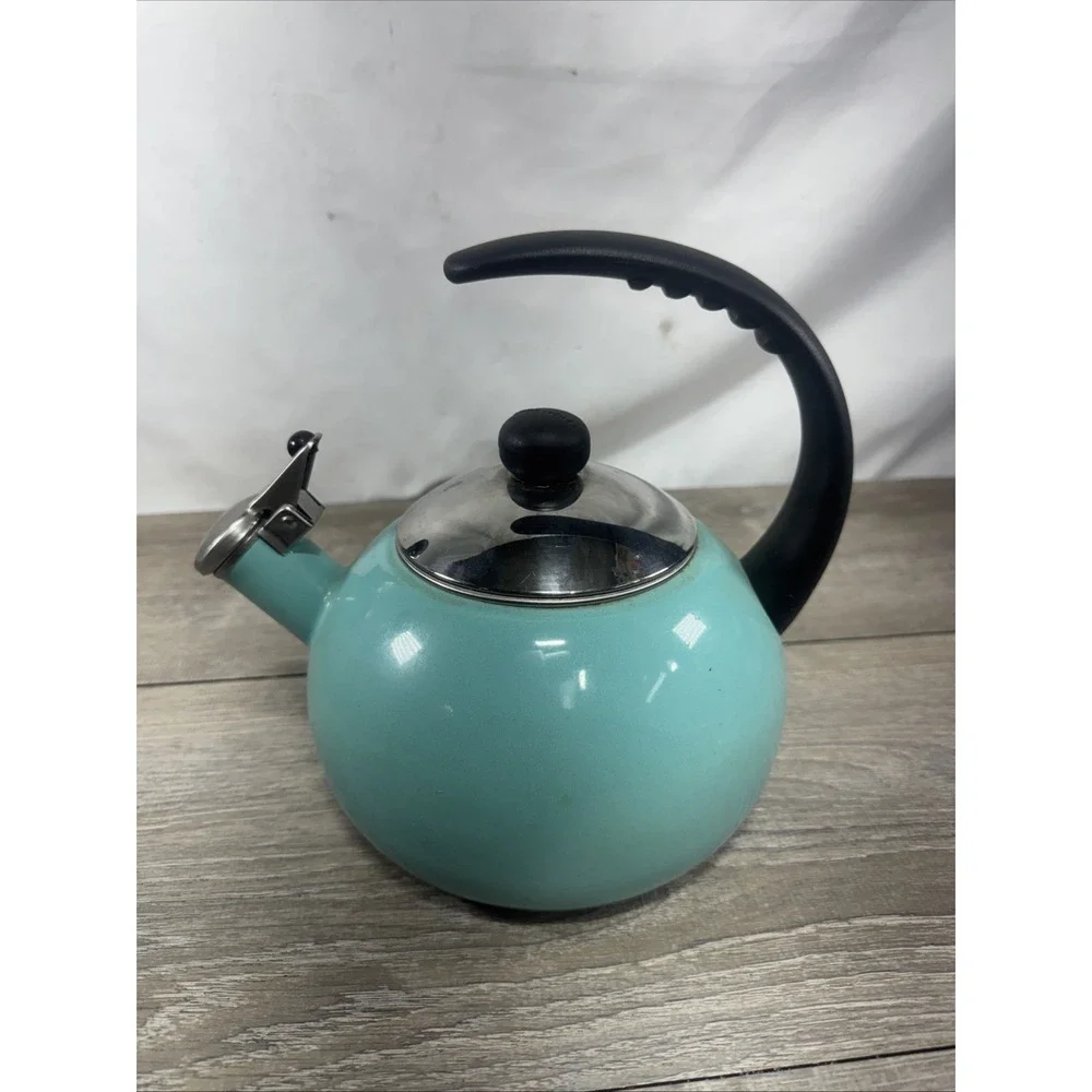 Farberware Luna Whistling Tea Pot Kettle 2.5 qt Aqua Enamel on Steel